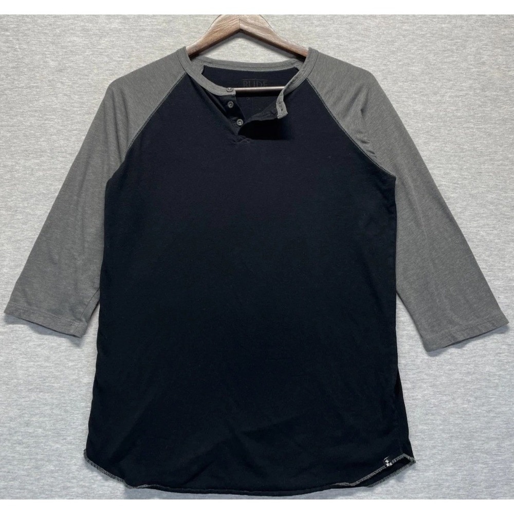Rude Henley Shirt Men Small Black Gray 3/4 Raglan Sleeve 3 Button Placket Cotton